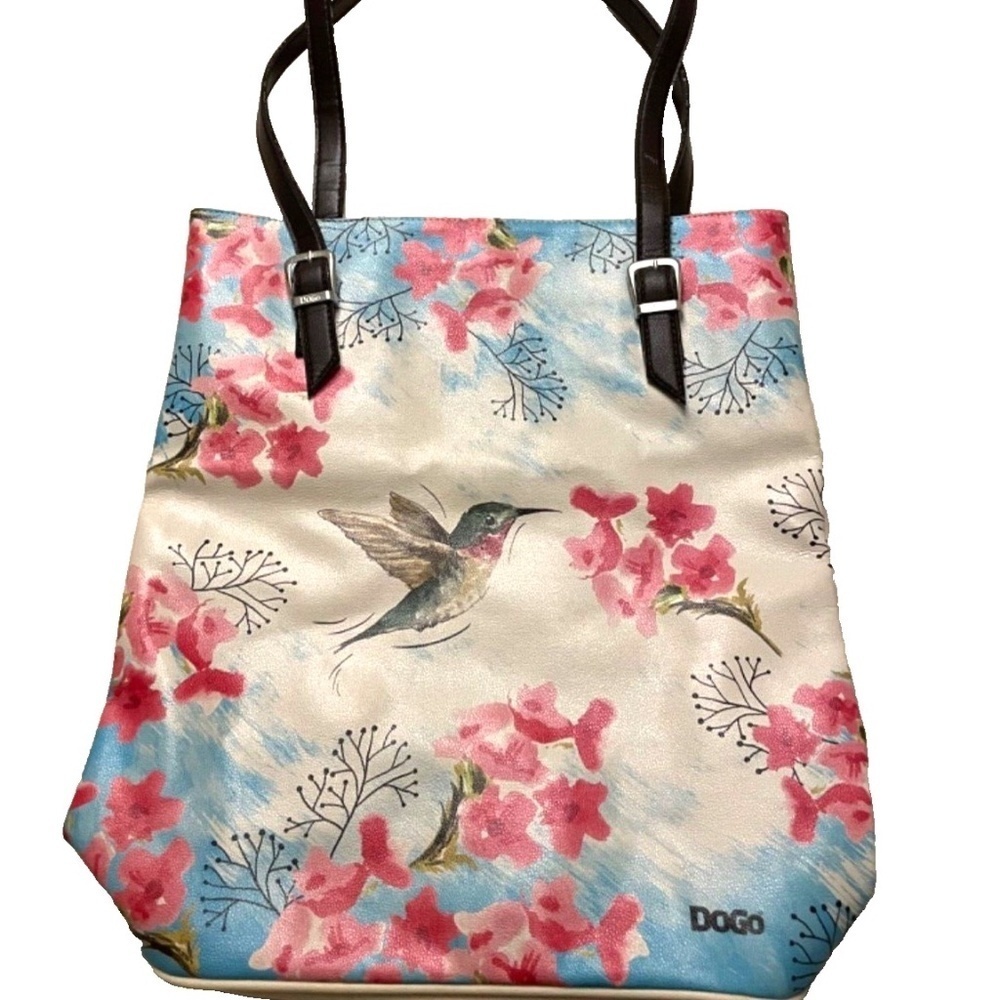 DOGO Vegan Leather Tote Bag; Hummingbird/Cherry Blossoms; long straps